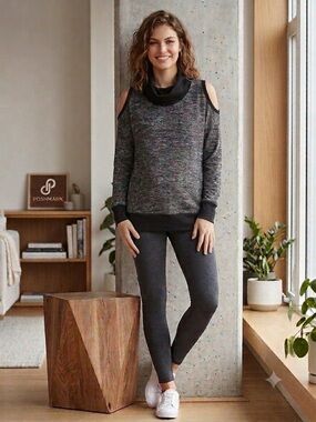 RBX Active Grey Black Cold Shoulder Cowl Neck Top Medium